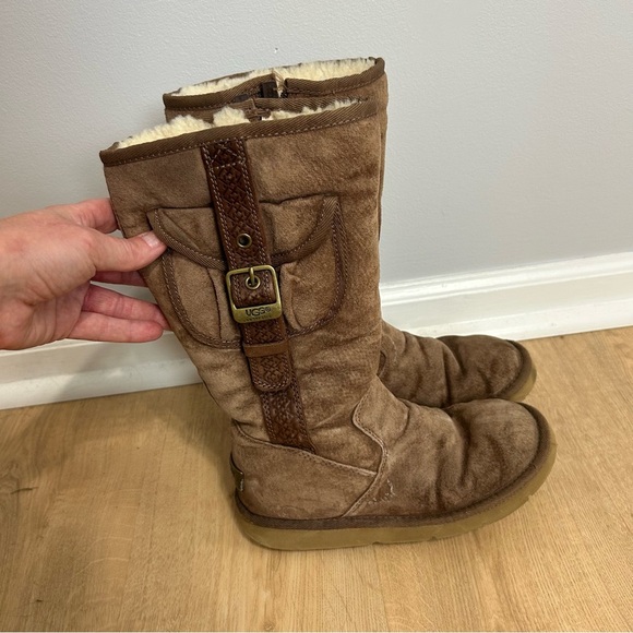 Ugg Australia Chestnut Tan Leather Sheepskin Tall Cargo Winter Boots Buckle 6 - Picture 3 of 8